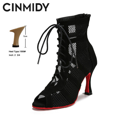 CINMIDY Lace Up Deju kurpes Sieviešu sarkanas zoles Latīņamerikas deju apavi melni balles deju augstpapēžu kurpes Tango Modernie džeza deju zābaki