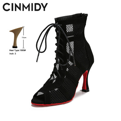 CINMIDY Lace Up Deju kurpes Sieviešu sarkanas zoles Latīņamerikas deju apavi melni balles deju augstpapēžu kurpes Tango Modernie džeza deju zābaki