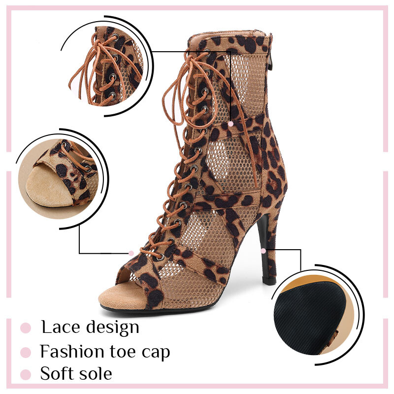 Γυναικεία Leopard Print Latin Παπούτσια χορού Γυναικεία Jazz Tango Pole Dance Lace-up Sexy Mesh Dance Boots Νέα μαλακή σόλα για εσωτερικούς/εξωτερικούς χώρους