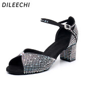DILEECHI Latīņu deju apavi sievietēm, melns satīns, rhinestones, salsas ballītes balles deju apavi plats papēdis, 5 cm mīksta zole