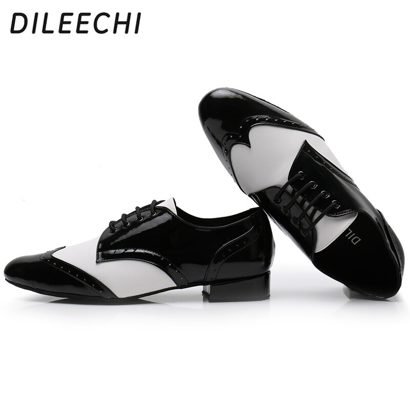 DILEECHI Muške plesne cipele za odrasle, mekani potplat, crna PU kožna četvrtasta obuća za plesne plesove, niska široka peta 2 cm