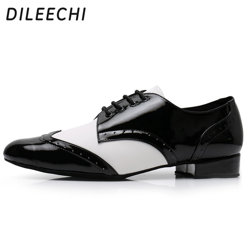 DILEECHI Muške plesne cipele za odrasle, mekani potplat, crna PU kožna četvrtasta obuća za plesne plesove, niska široka peta 2 cm