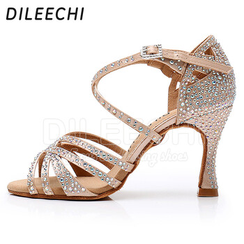 DILEECHI Обувки за латино танци Дамски големи малки кристали Shining Skin Bronze Satin Salsa Party Ballroom Shoes Cuba High heel 9cm