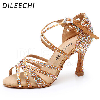 DILEECHI Обувки за латино танци Дамски големи малки кристали Shining Skin Bronze Satin Salsa Party Ballroom Shoes Cuba High heel 9cm