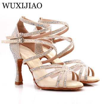 WUXIJIAO Παπούτσια χορού Latin Γυναικεία Salsa Silk Satin Παπούτσια χορού Glitter Rhinestone Επαγγελματικά παπούτσια χορού Αίθουσα χορού Μαλακό κάτω μέρος