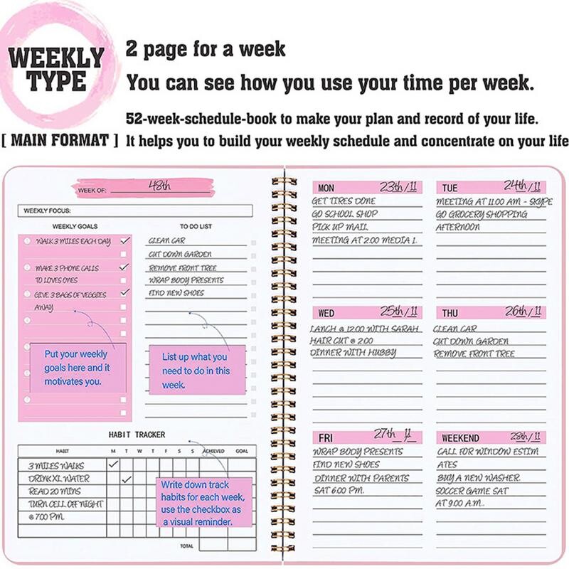 Tjedni planer Bilježnica sa spiralnim uvezom 52 tjedna Dnevni red Raspored organizator dnevnik Dnevnik Uredski pribor Školski pribor