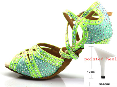 Loogtshon PROMO Rhinestone profesionālie latīņu deju papēži 9 CM neona zaļi dāmu deju apavi, mīksti Samba Rumba Cha deju apavi