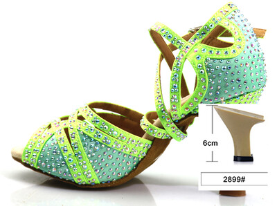 Loogtshon PROMO Rhinestone profesionālie latīņu deju papēži 9 CM neona zaļi dāmu deju apavi, mīksti Samba Rumba Cha deju apavi
