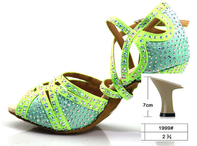 Loogtshon PROMO Rhinestone profesionālie latīņu deju papēži 9 CM neona zaļi dāmu deju apavi, mīksti Samba Rumba Cha deju apavi