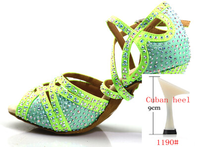 Loogtshon PROMO Rhinestone profesionālie latīņu deju papēži 9 CM neona zaļi dāmu deju apavi, mīksti Samba Rumba Cha deju apavi