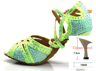 Loogtshon PROMO Rhinestone profesionālie latīņu deju papēži 9 CM neona zaļi dāmu deju apavi, mīksti Samba Rumba Cha deju apavi