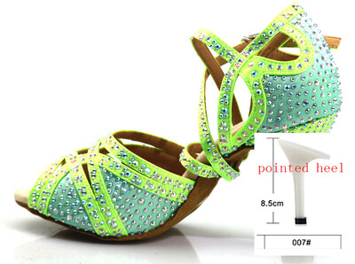 Loogtshon PROMO Rhinestone profesionālie latīņu deju papēži 9 CM neona zaļi dāmu deju apavi, mīksti Samba Rumba Cha deju apavi