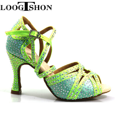 Loogtshon PROMO Rhinestone Professzionális Latin Dance Heel 9CM neonzöld Lady Dance Cipők Puha Samba Rumba Cha Tánccipők