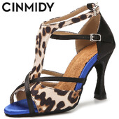 CINMIDY Leopard Satin Sexy Latīņamerikas deju apavi Tango Salsa Rumba Samba Profesionāli balles deju apavi Sieviešu sandales 5CM-10CM