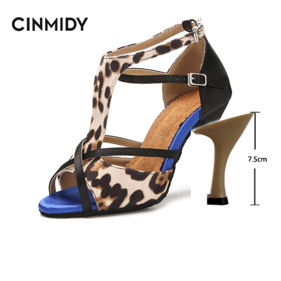 CINMIDY Leopard Satin Sexy Latīņamerikas deju apavi Tango Salsa Rumba Samba Profesionāli balles deju apavi Sieviešu sandales 5CM-10CM