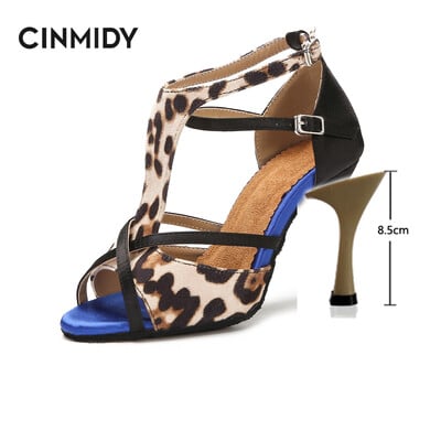 CINMIDY Leopard Satin Sexy Latīņamerikas deju apavi Tango Salsa Rumba Samba Profesionāli balles deju apavi Sieviešu sandales 5CM-10CM
