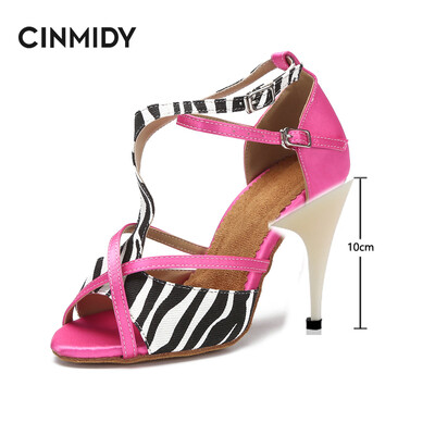 CINMIDY Leopard Satin Sexy Latīņamerikas deju apavi Tango Salsa Rumba Samba Profesionāli balles deju apavi Sieviešu sandales 5CM-10CM