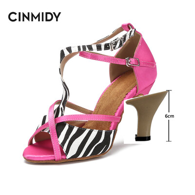 CINMIDY Leopard Satin Sexy Latīņamerikas deju apavi Tango Salsa Rumba Samba Profesionāli balles deju apavi Sieviešu sandales 5CM-10CM
