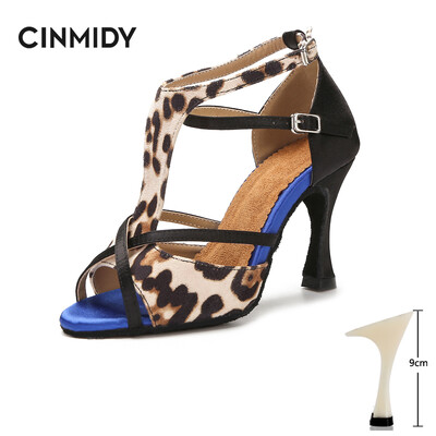 CINMIDY Leopard Satin Sexy Latīņamerikas deju apavi Tango Salsa Rumba Samba Profesionāli balles deju apavi Sieviešu sandales 5CM-10CM