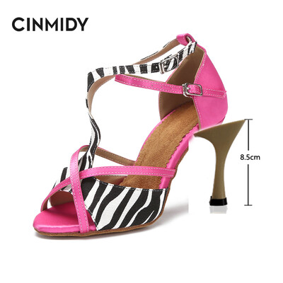 CINMIDY Leopard Satin Sexy Latīņamerikas deju apavi Tango Salsa Rumba Samba Profesionāli balles deju apavi Sieviešu sandales 5CM-10CM