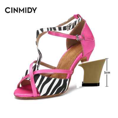 CINMIDY Leopard Satin Sexy Latīņamerikas deju apavi Tango Salsa Rumba Samba Profesionāli balles deju apavi Sieviešu sandales 5CM-10CM