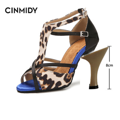 CINMIDY Leopard Satin Sexy Latīņamerikas deju apavi Tango Salsa Rumba Samba Profesionāli balles deju apavi Sieviešu sandales 5CM-10CM