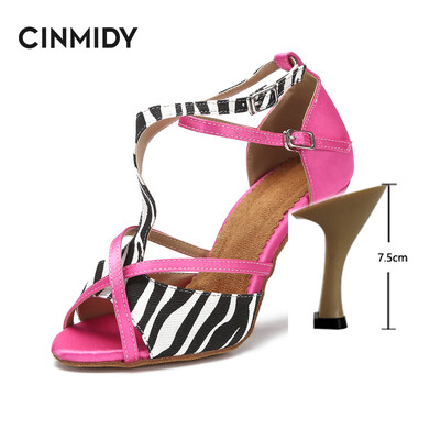 CINMIDY Leopard Satin Sexy Latīņamerikas deju apavi Tango Salsa Rumba Samba Profesionāli balles deju apavi Sieviešu sandales 5CM-10CM