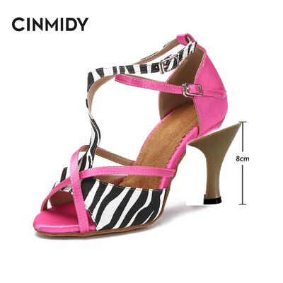 CINMIDY Leopard Satin Sexy Latīņamerikas deju apavi Tango Salsa Rumba Samba Profesionāli balles deju apavi Sieviešu sandales 5CM-10CM