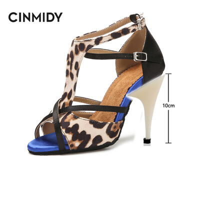 CINMIDY Leopard Satin Sexy Latīņamerikas deju apavi Tango Salsa Rumba Samba Profesionāli balles deju apavi Sieviešu sandales 5CM-10CM