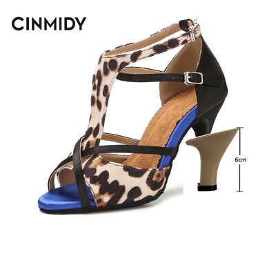 CINMIDY Leopard Satin Sexy Latīņamerikas deju apavi Tango Salsa Rumba Samba Profesionāli balles deju apavi Sieviešu sandales 5CM-10CM