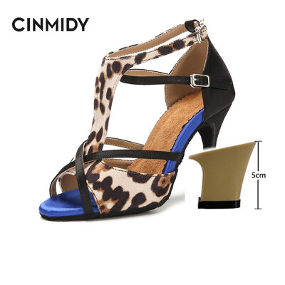 CINMIDY Leopard Satin Sexy Latīņamerikas deju apavi Tango Salsa Rumba Samba Profesionāli balles deju apavi Sieviešu sandales 5CM-10CM