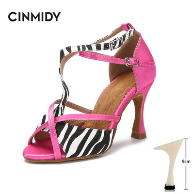 CINMIDY Leopard Satin Sexy Latīņamerikas deju apavi Tango Salsa Rumba Samba Profesionāli balles deju apavi Sieviešu sandales 5CM-10CM