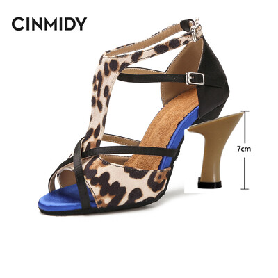 CINMIDY Leopard Satin Sexy Latīņamerikas deju apavi Tango Salsa Rumba Samba Profesionāli balles deju apavi Sieviešu sandales 5CM-10CM