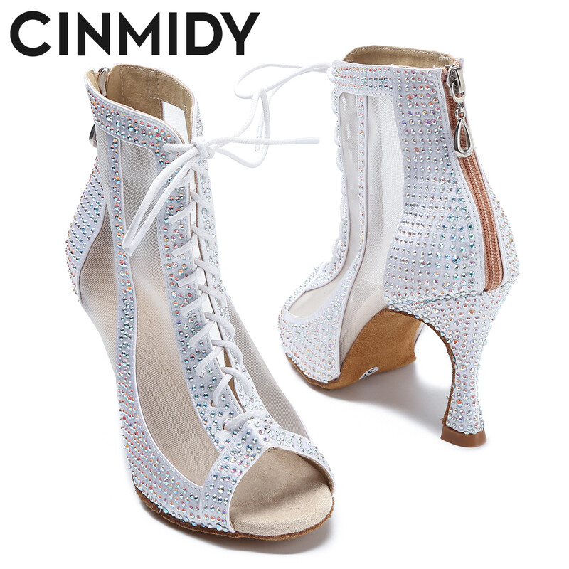 Rhinestone Latin Dance Boots Γυναικεία παπούτσια χορού κοντάρι Γυναικεία σέξι παπούτσια χορού κοιλιάς Γυναικεία δικτυωτά παπούτσια χορού Ψηλοτάκουνα Κούβας