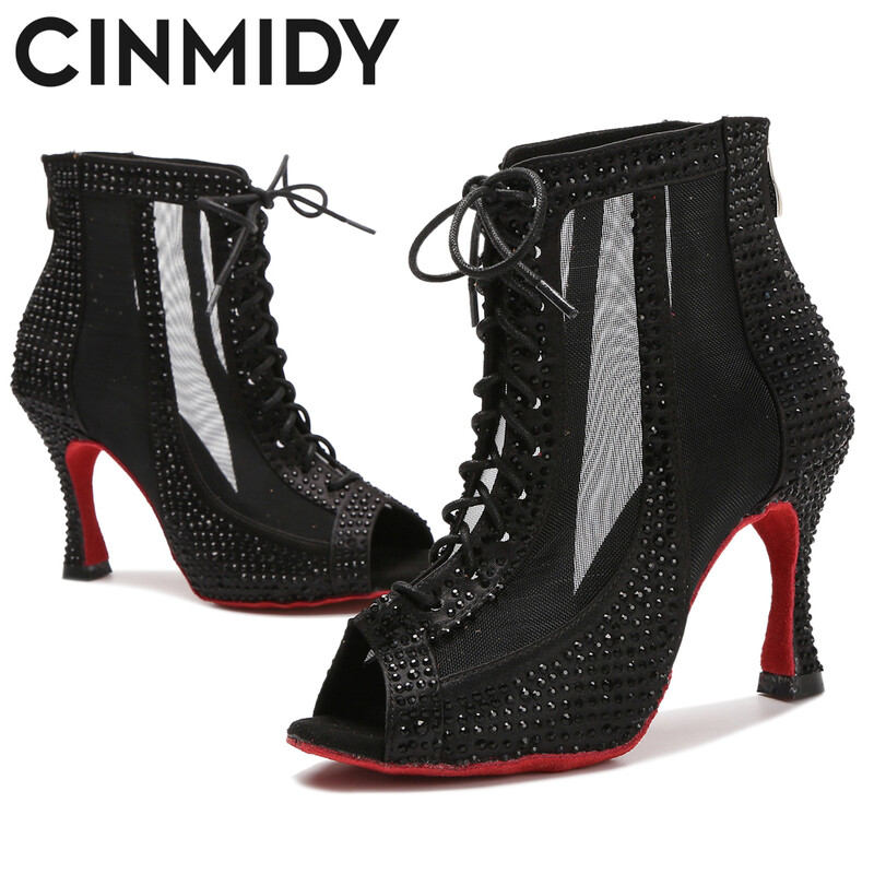 Rhinestone Latin Dance Boots Γυναικεία παπούτσια χορού κοντάρι Γυναικεία σέξι παπούτσια χορού κοιλιάς Γυναικεία δικτυωτά παπούτσια χορού Ψηλοτάκουνα Κούβας