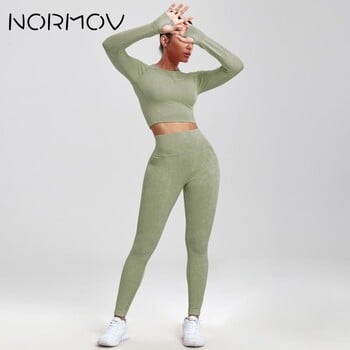 NORMOV 2Pcs Γυναικεία Σετ Γυμναστηρίου Χωρίς ραφή Σετ Γιόγκα Αθλητικά Γυμναστήρια Αθλητικά Push Up Αθλητικά Σετ προπόνησης Fitness Μακρυμάνικο κοστούμι γυμναστικής