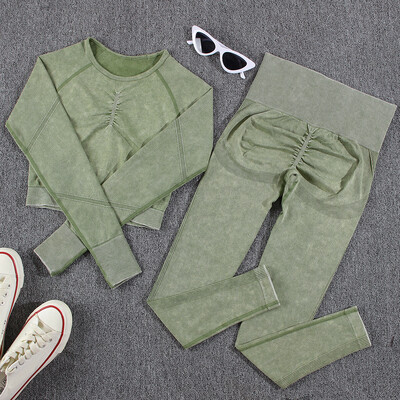 NORMOV 2vnt treniruoklių salės moterų komplektai besiūliai jogos rinkinys aukštu juosmeniu, sportinė apranga Push Up Sport treniruočių rinkiniai Fitneso kostiumas ilgomis rankovėmis