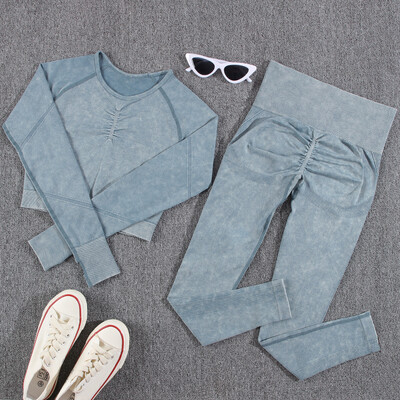 NORMOV 2vnt treniruoklių salės moterų komplektai besiūliai jogos rinkinys aukštu juosmeniu, sportinė apranga Push Up Sport treniruočių rinkiniai Fitneso kostiumas ilgomis rankovėmis