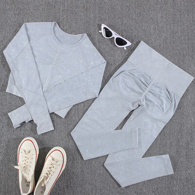 NORMOV 2vnt treniruoklių salės moterų komplektai besiūliai jogos rinkinys aukštu juosmeniu, sportinė apranga Push Up Sport treniruočių rinkiniai Fitneso kostiumas ilgomis rankovėmis