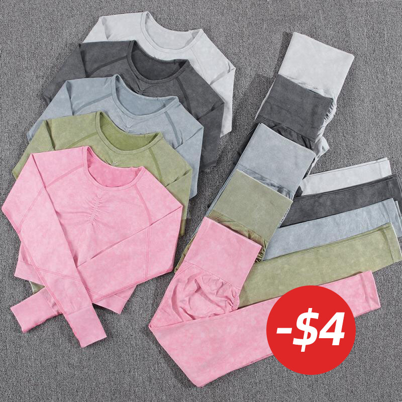 NORMOV 2vnt treniruoklių salės moterų komplektai besiūliai jogos rinkinys aukštu juosmeniu, sportinė apranga Push Up Sport treniruočių rinkiniai Fitneso kostiumas ilgomis rankovėmis