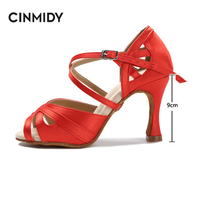 CINMIDY Latīņu deju apavi Tango Salsa Rumba Balles Satīna Deju Papēži Sieviešu Sarkani Kāzu Kurpes Sieviešu Biroja klusās sandales