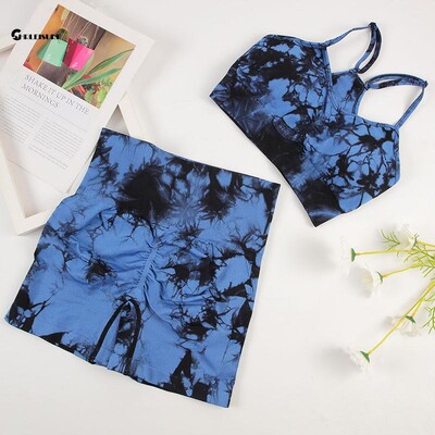 CHRLEISURE Tie Dye Yoga Set Moteriškas besiūlis sportinis kostiumas dviračių šortai su bėgimo liemenėlėmis gimnastikos sportinio kostiumo elastine kūno rengybos apranga