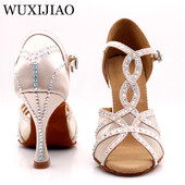 WUXIJIAOLatīna deju apavi sieviešu vakariņu deju apavi bronzas ādas melna satīna siets spīdīgi rhinestones salsas kurpes augsti papēži 9 cm