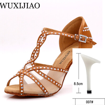 WUXIJIAOLatīna deju apavi sieviešu vakariņu deju apavi bronzas ādas melna satīna siets spīdīgi rhinestones salsas kurpes augsti papēži 9 cm