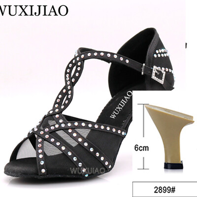 WUXIJIAOLatīna deju apavi sieviešu vakariņu deju apavi bronzas ādas melna satīna siets spīdīgi rhinestones salsas kurpes augsti papēži 9 cm