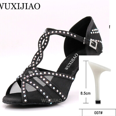 WUXIJIAOLatīna deju apavi sieviešu vakariņu deju apavi bronzas ādas melna satīna siets spīdīgi rhinestones salsas kurpes augsti papēži 9 cm