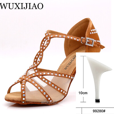 WUXIJIAOLatīna deju apavi sieviešu vakariņu deju apavi bronzas ādas melna satīna siets spīdīgi rhinestones salsas kurpes augsti papēži 9 cm