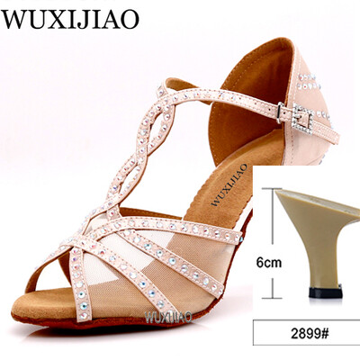 WUXIJIAOLatīna deju apavi sieviešu vakariņu deju apavi bronzas ādas melna satīna siets spīdīgi rhinestones salsas kurpes augsti papēži 9 cm