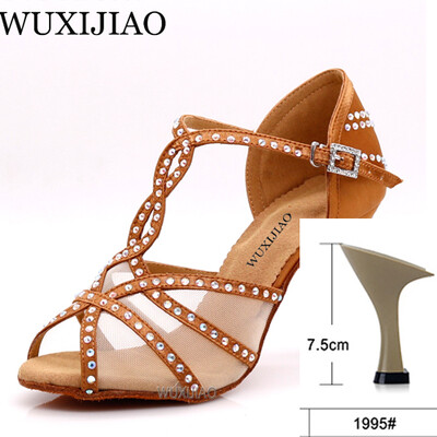WUXIJIAOLatīna deju apavi sieviešu vakariņu deju apavi bronzas ādas melna satīna siets spīdīgi rhinestones salsas kurpes augsti papēži 9 cm