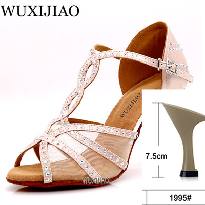 WUXIJIAOLatīna deju apavi sieviešu vakariņu deju apavi bronzas ādas melna satīna siets spīdīgi rhinestones salsas kurpes augsti papēži 9 cm
